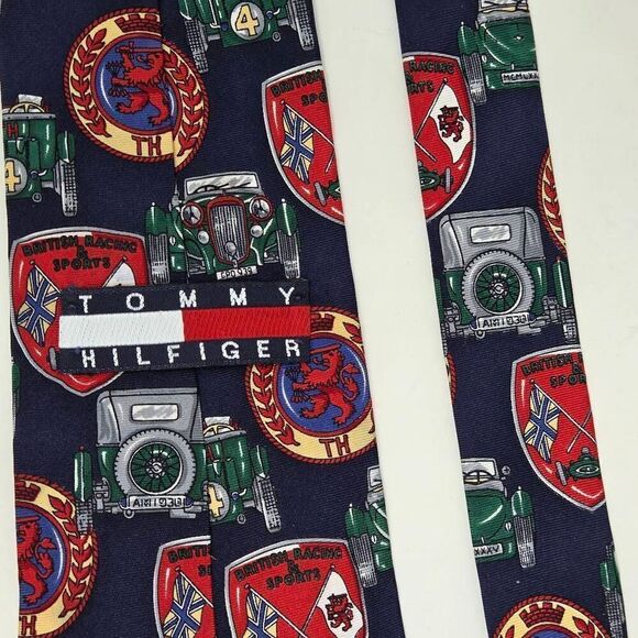 TOMMY HILFIGER SILK TIE BLUE RED GREEN BRITISH AUTO RACING VINTAGE 4" X 58" - Picture 3 of 3